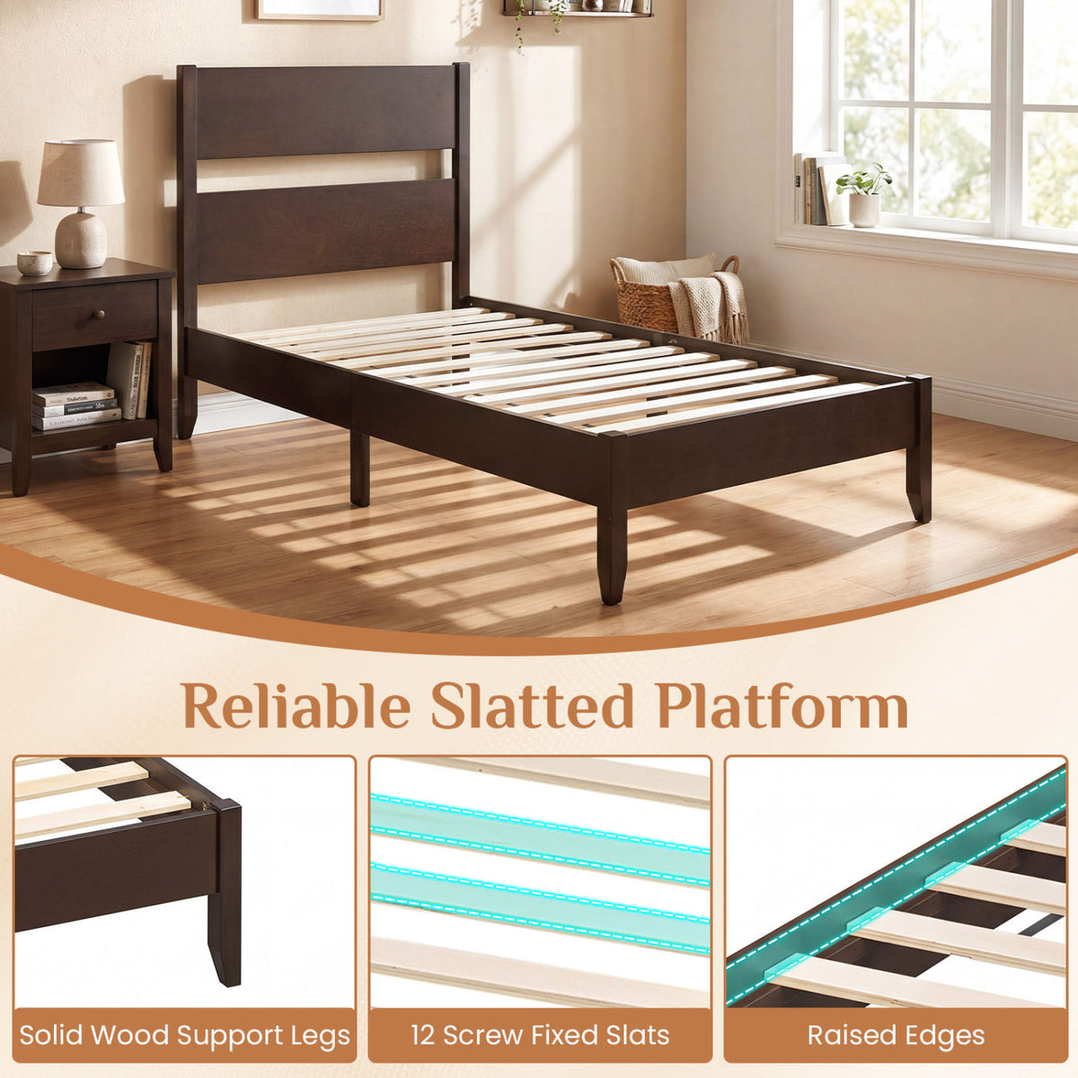 Twin Bed Frame with Headboard with Solid Wood Legs 12 Slats-Rustic Brown-Dark Walnut view 7