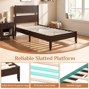Twin Bed Frame with Headboard with Solid Wood Legs 12 Slats-Rustic Brown-Dark Walnut view 7