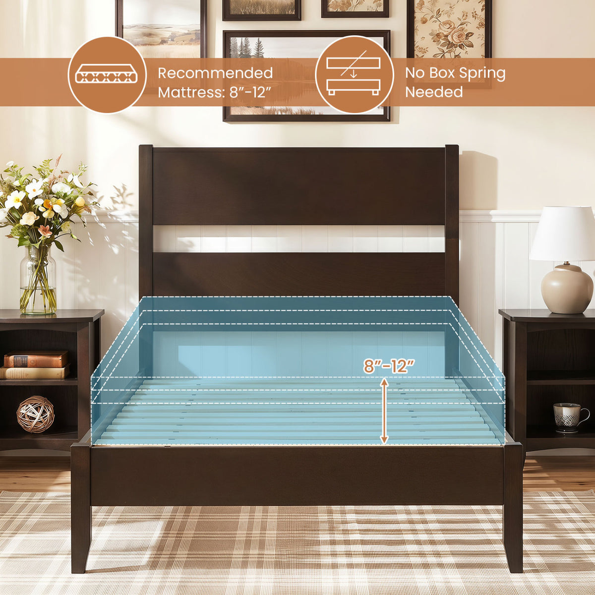 Twin Bed Frame with Headboard with Solid Wood Legs 12 Slats-Rustic Brown-Dark Walnut view 9
