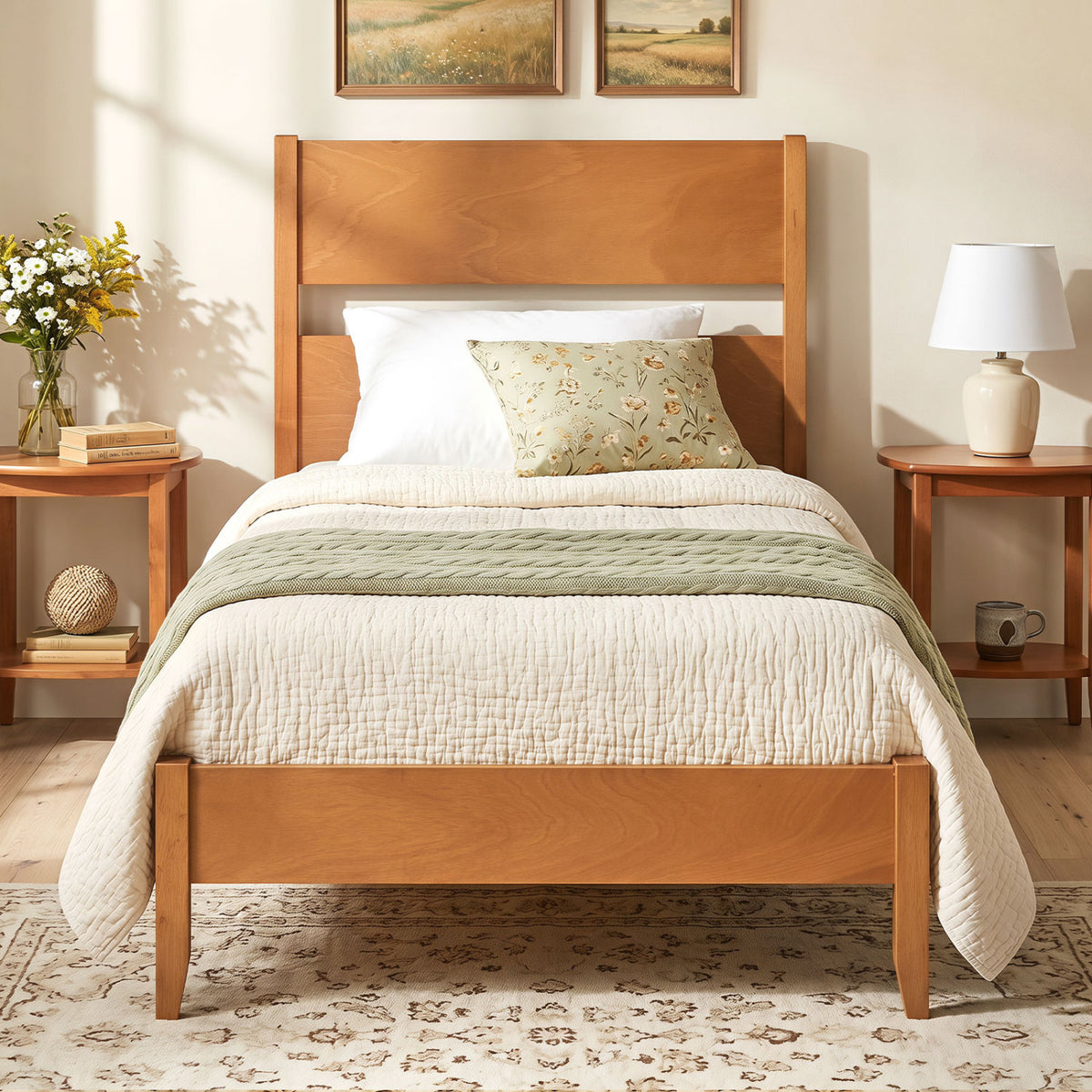 Twin Bed Frame with Headboard with Solid Wood Legs 12 Slats-Warm Brown view 2