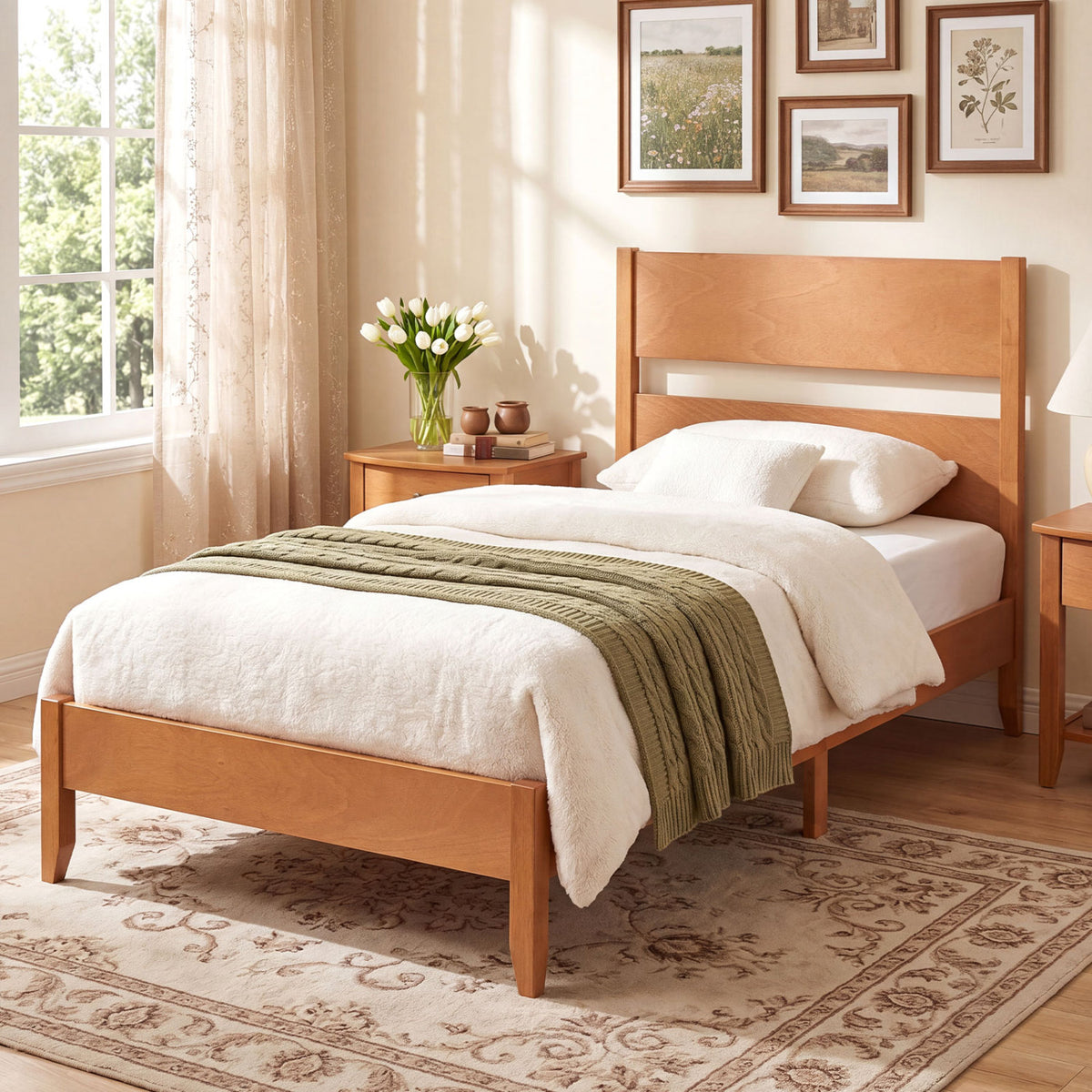 Twin Bed Frame with Headboard with Solid Wood Legs 12 Slats-Warm Brown view 3