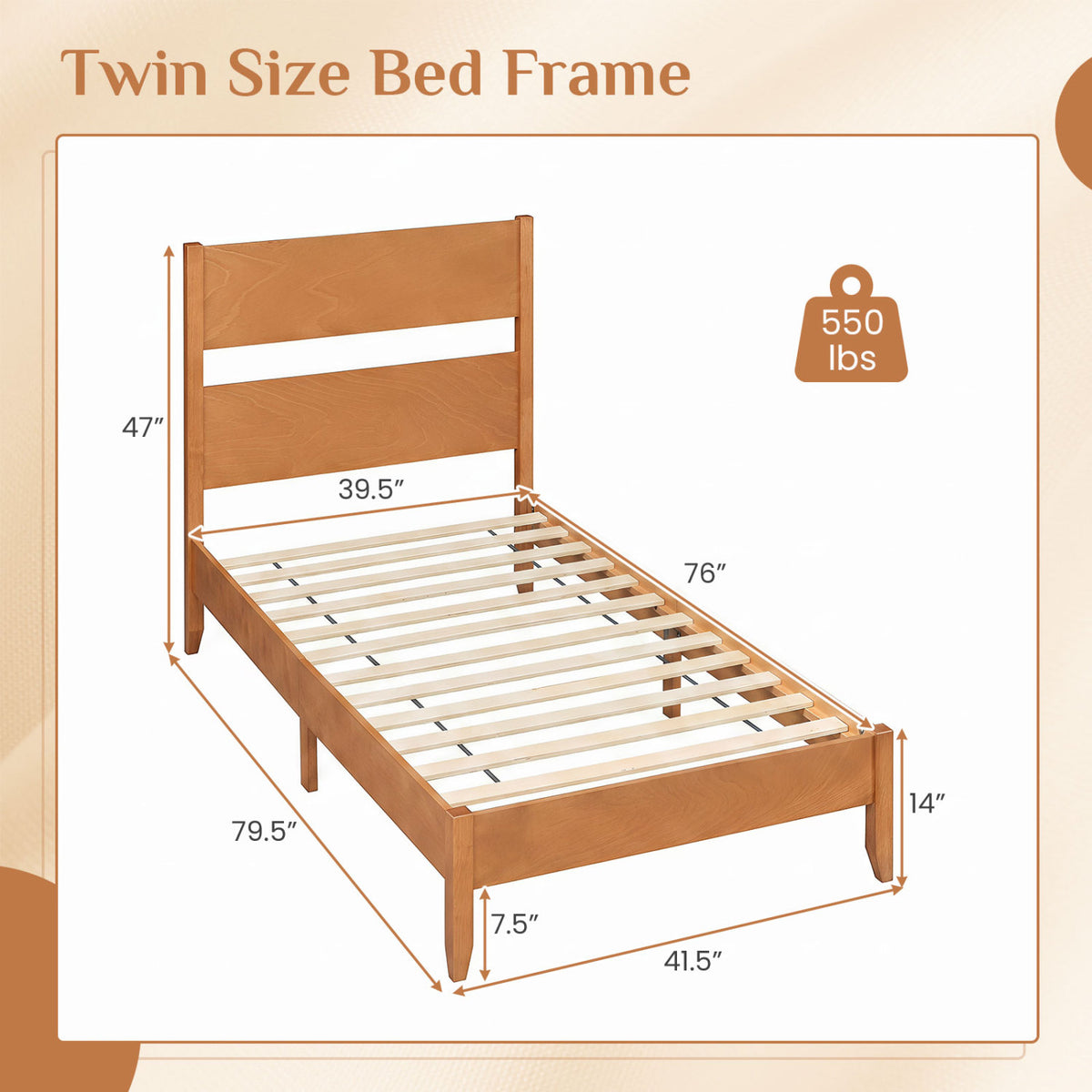 Twin Bed Frame with Headboard with Solid Wood Legs 12 Slats-Warm Brown view 4