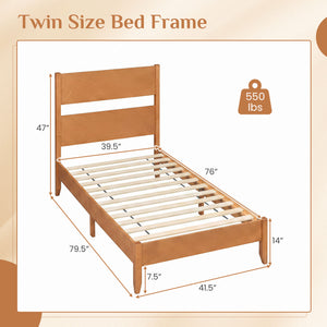 Twin Bed Frame with Headboard with Solid Wood Legs 12 Slats-Warm Brown view 4