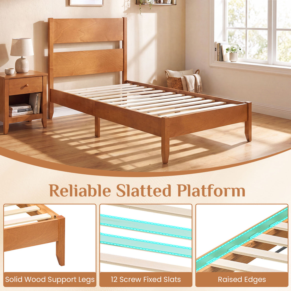 Twin Bed Frame with Headboard with Solid Wood Legs 12 Slats-Warm Brown view 7