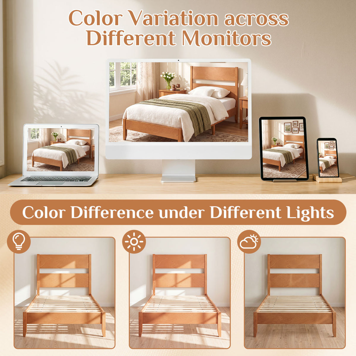 Twin Bed Frame with Headboard with Solid Wood Legs 12 Slats-Warm Brown view 8