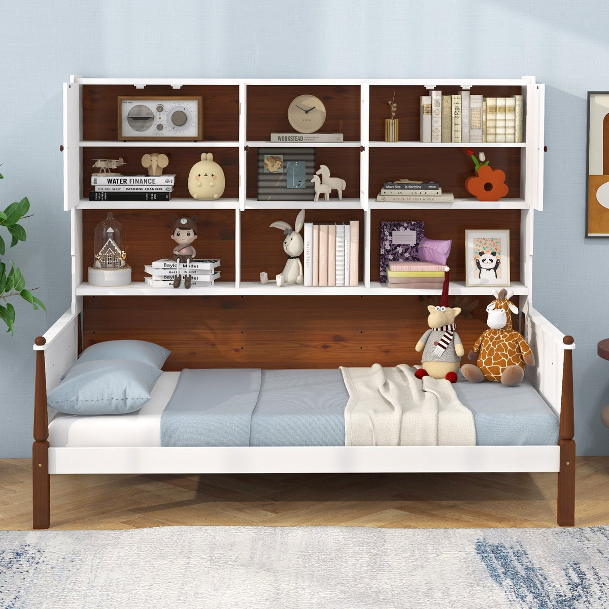 Twin Bed with Bookcase with Shelves and, Wooden Slat Support No Box Spring Needed for Living Room Bedroom-White view 3