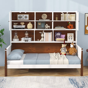Twin Bed with Bookcase with Shelves and, Wooden Slat Support No Box Spring Needed for Living Room Bedroom-White view 3