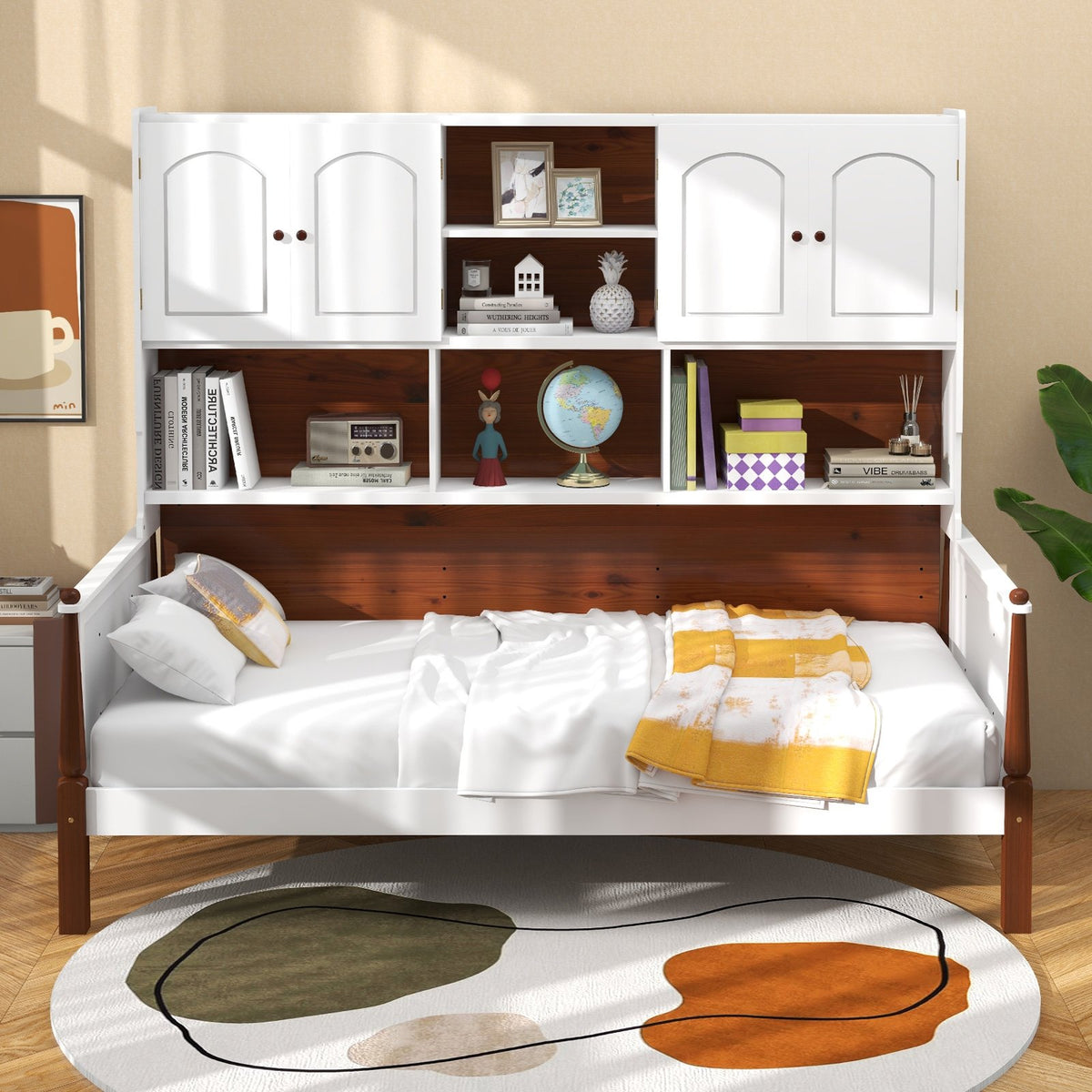 Twin Bed with Bookcase with Shelves and, Wooden Slat Support No Box Spring Needed for Living Room Bedroom-White view 5