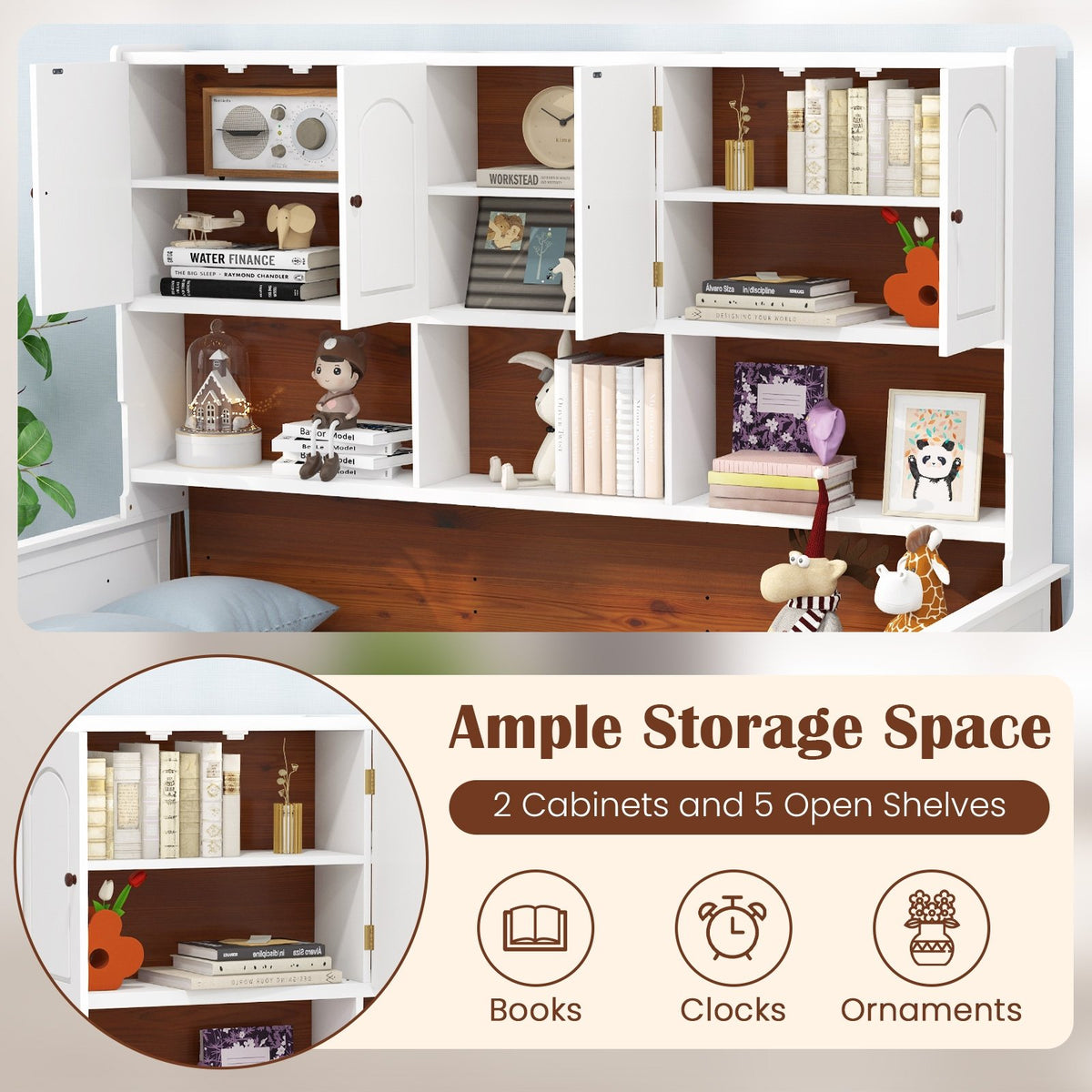 Twin Bed with Bookcase with Shelves and, Wooden Slat Support No Box Spring Needed for Living Room Bedroom-White view 7