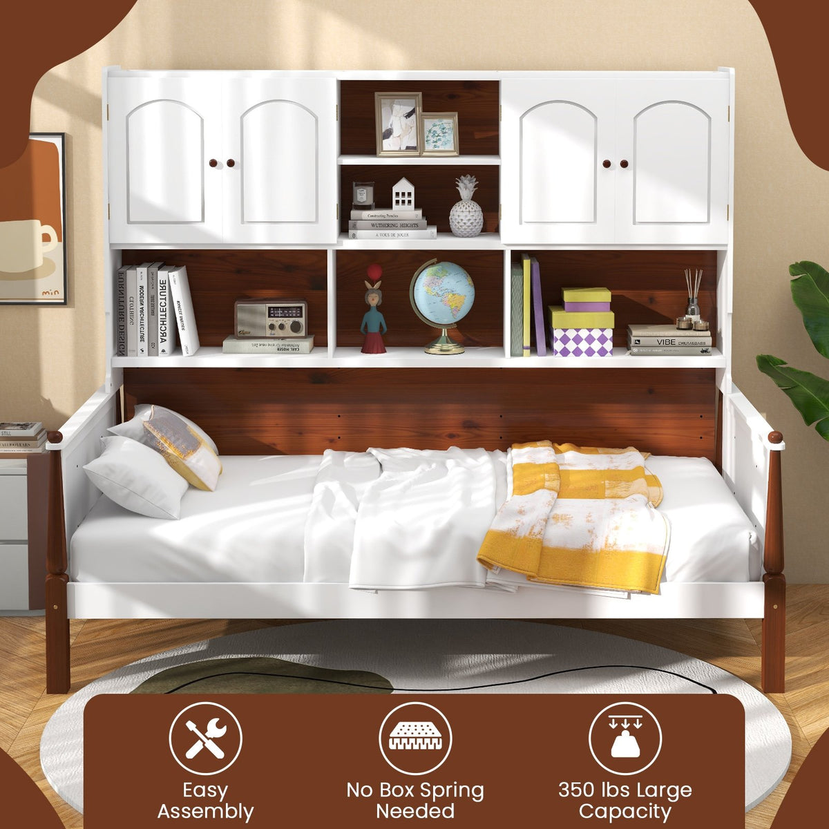 Twin Bed with Bookcase with Shelves and, Wooden Slat Support No Box Spring Needed for Living Room Bedroom-White view 9