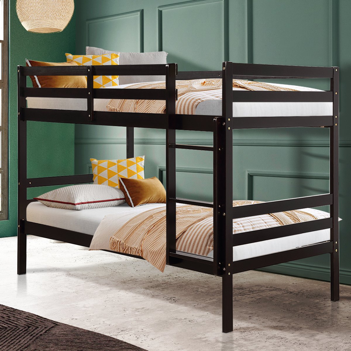 Twin Bunk Bed Children Wooden Bunk Beds Solid Hardwood-Brown view 2