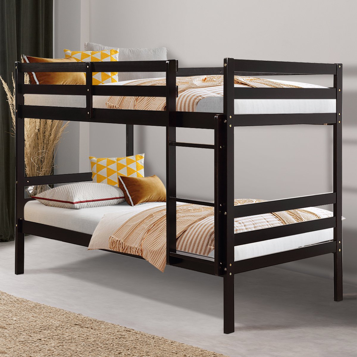 Twin Bunk Bed Children Wooden Bunk Beds Solid Hardwood-Brown view 3