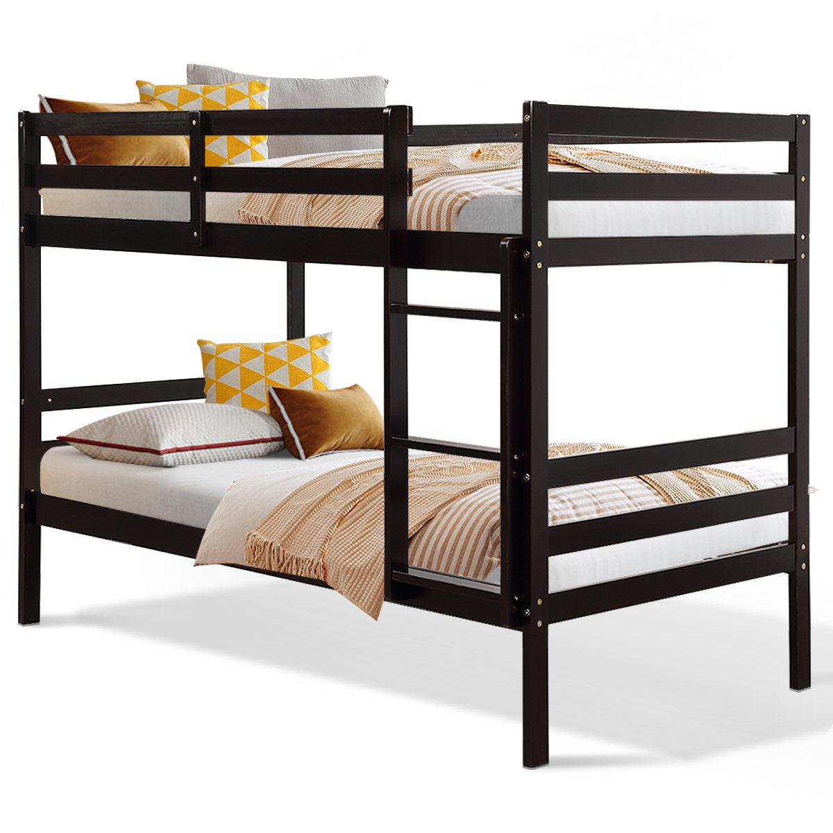 Twin Bunk Bed Children Wooden Bunk Beds Solid Hardwood-Brown view 4