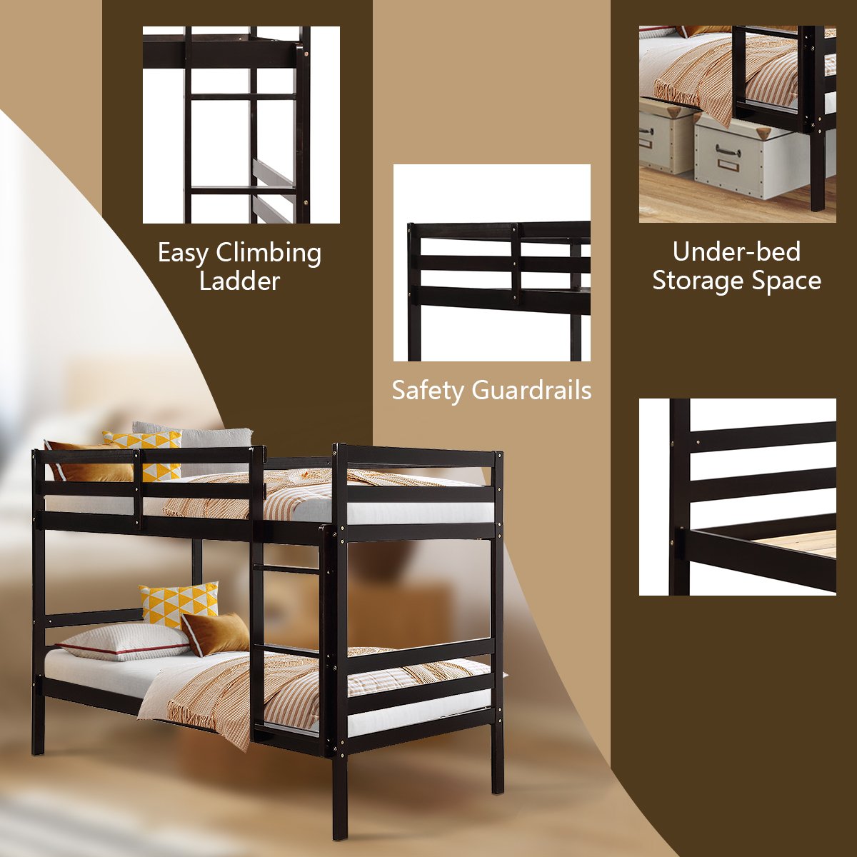 Twin Bunk Bed Children Wooden Bunk Beds Solid Hardwood-Brown view 6