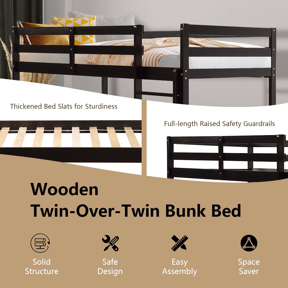 Twin Bunk Bed Children Wooden Bunk Beds Solid Hardwood-Brown view 7