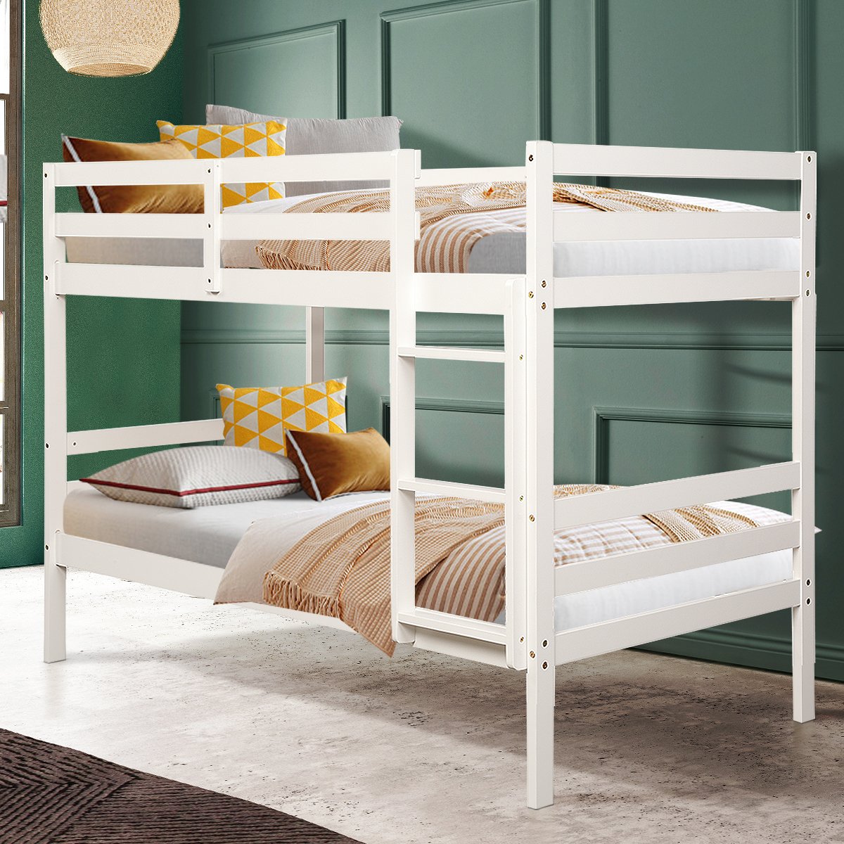 Twin Bunk Bed Children Wooden Bunk Beds Solid Hardwood-White view 2