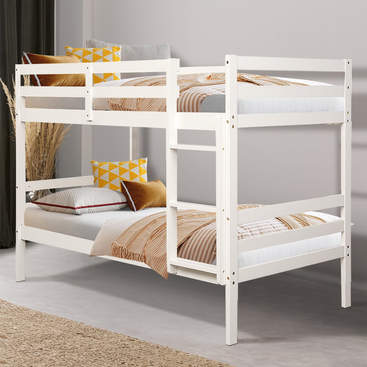 Twin Bunk Bed Children Wooden Bunk Beds Solid Hardwood-White view 3