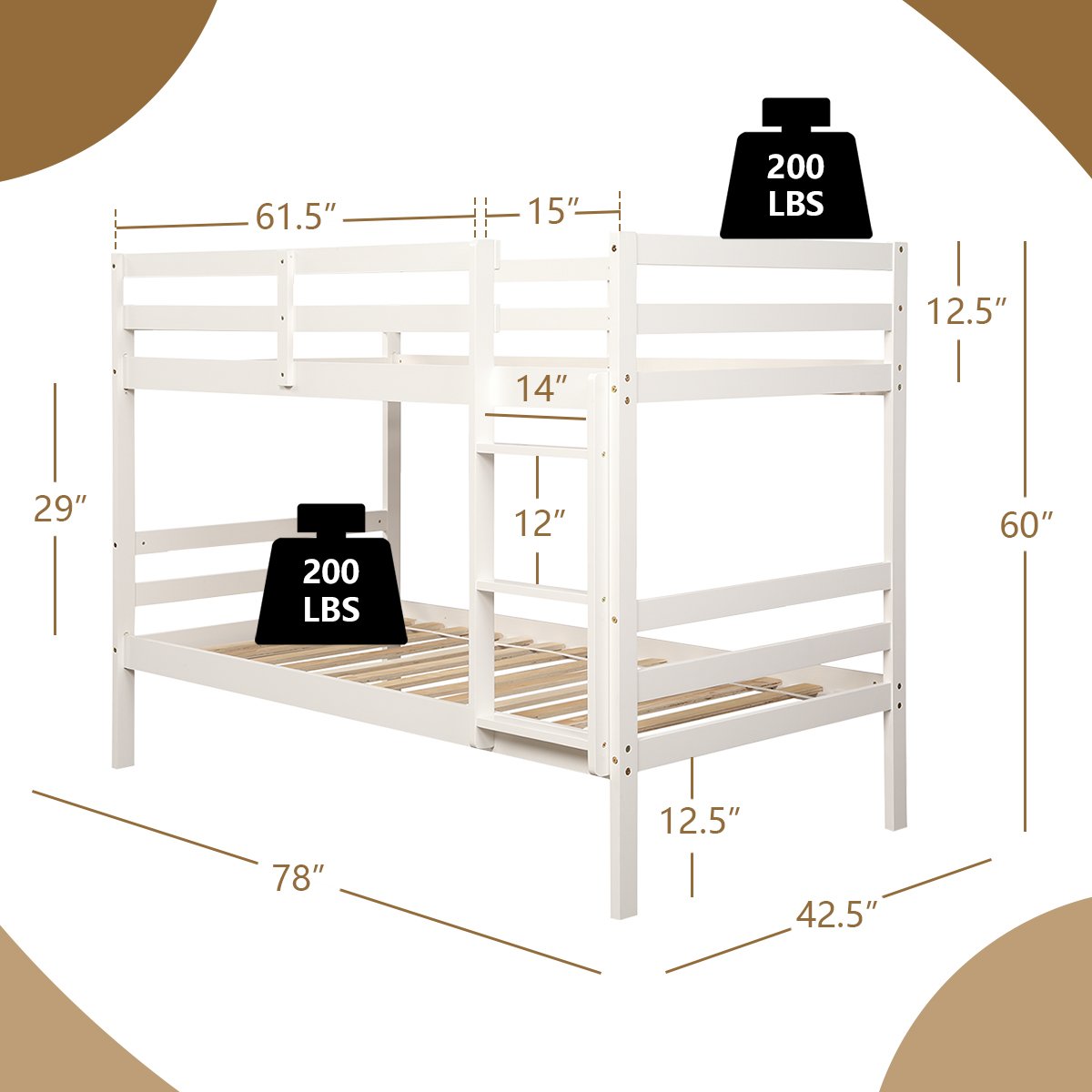 Twin Bunk Bed Children Wooden Bunk Beds Solid Hardwood-White view 5