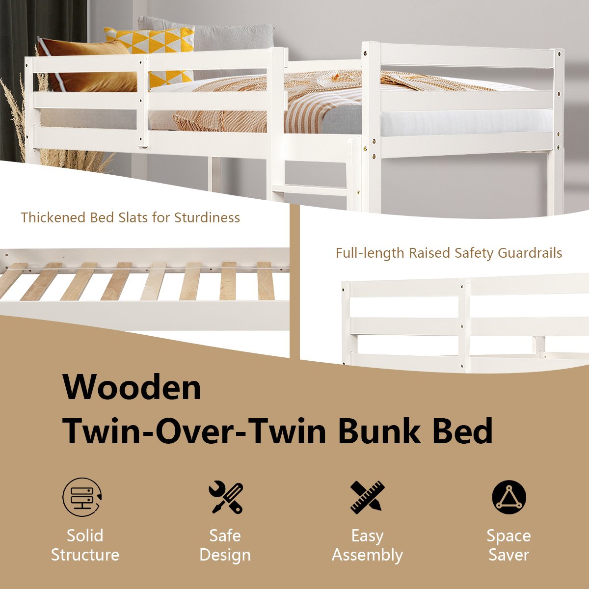 Twin Bunk Bed Children Wooden Bunk Beds Solid Hardwood-White view 8