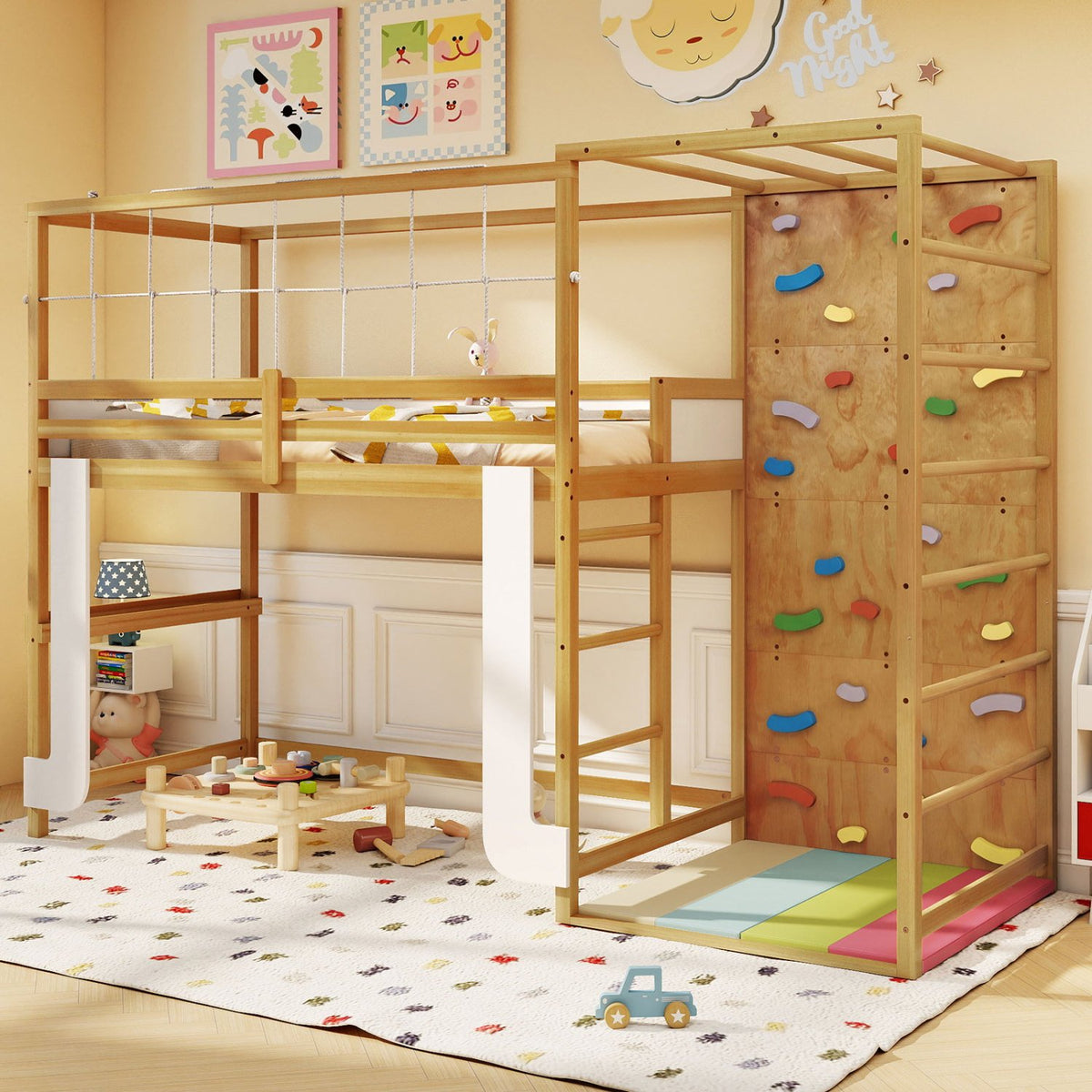 Twin Bunk Bed with Jungle Gym Wooden Loft Bed with Climbing Ladder-Natural view 2