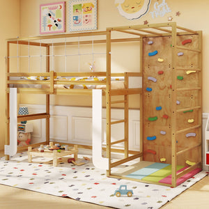 Twin Bunk Bed with Jungle Gym Wooden Loft Bed with Climbing Ladder-Natural view 2