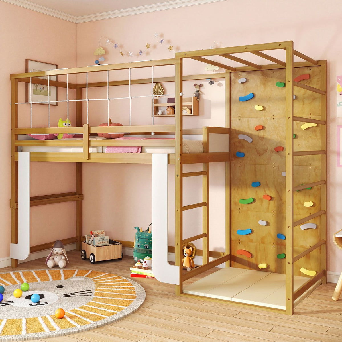 Twin Bunk Bed with Jungle Gym Wooden Loft Bed with Climbing Ladder-Natural view 3