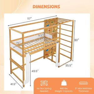 Twin Bunk Bed with Jungle Gym Wooden Loft Bed with Climbing Ladder-Natural view 4