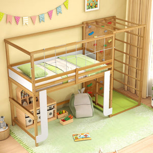 Twin Bunk Bed with Jungle Gym Wooden Loft Bed with Climbing Ladder-Natural view 5