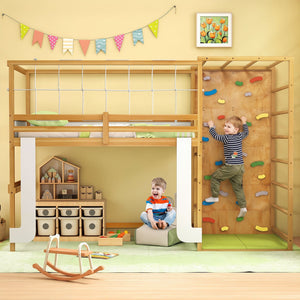 Twin Bunk Bed with Jungle Gym Wooden Loft Bed with Climbing Ladder-Natural view 6
