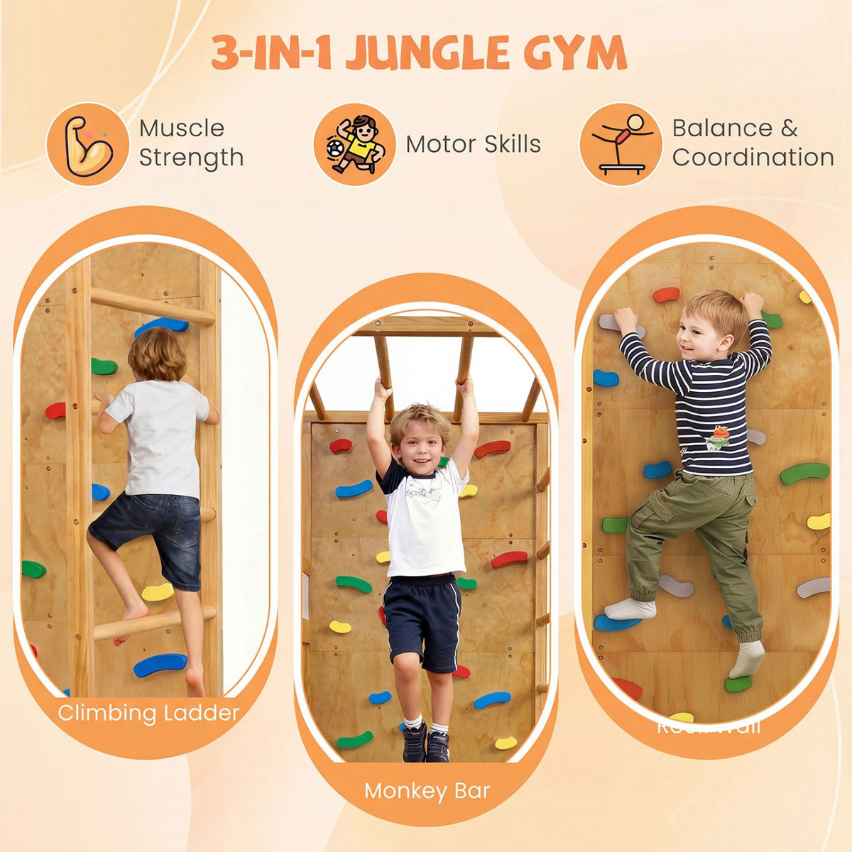Twin Bunk Bed with Jungle Gym Wooden Loft Bed with Climbing Ladder-Natural view 7