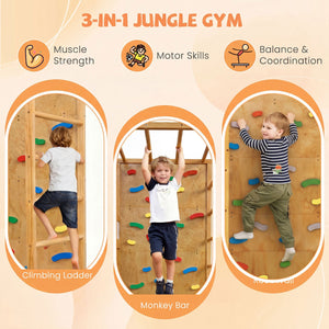 Twin Bunk Bed with Jungle Gym Wooden Loft Bed with Climbing Ladder-Natural view 7