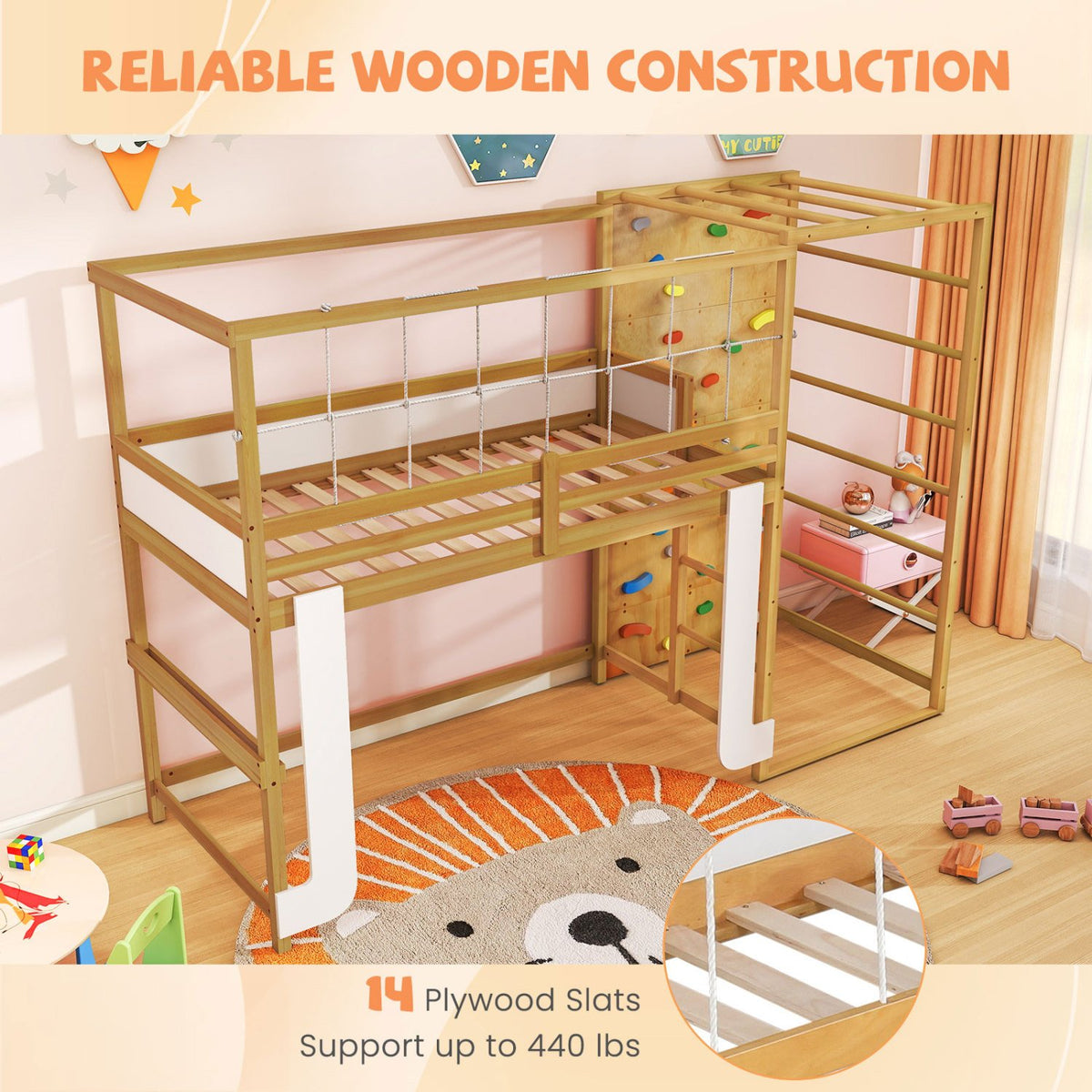 Twin Bunk Bed with Jungle Gym Wooden Loft Bed with Climbing Ladder-Natural view 8