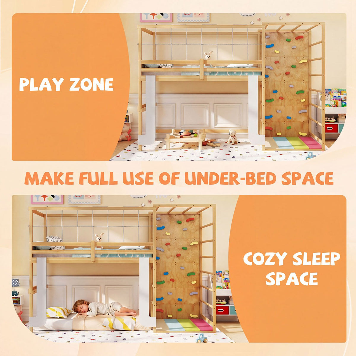 Twin Bunk Bed with Jungle Gym Wooden Loft Bed with Climbing Ladder-Natural view 9