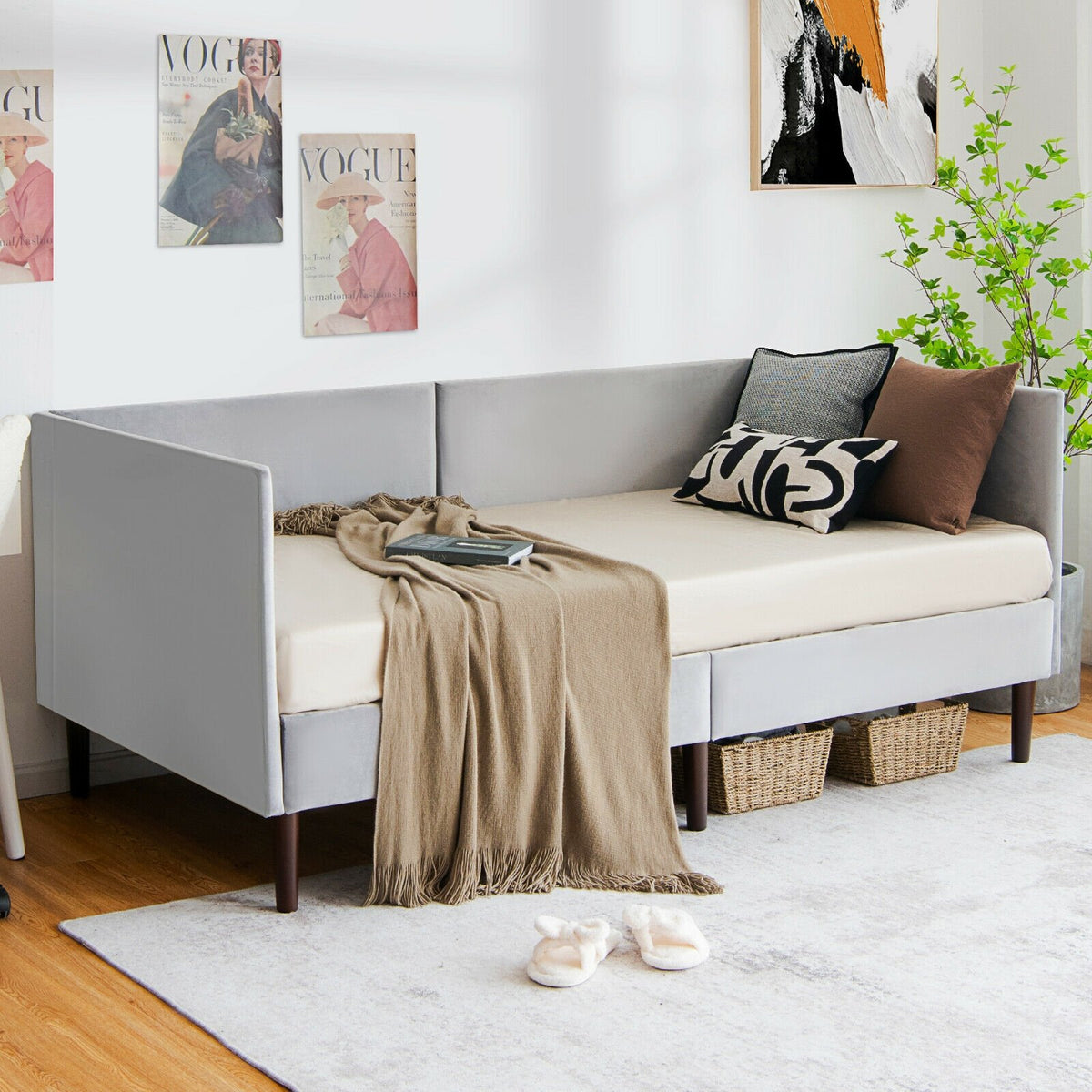 Twin Daybed Heavy Duty Wooden Sofa Bed Frame-Gray view 2