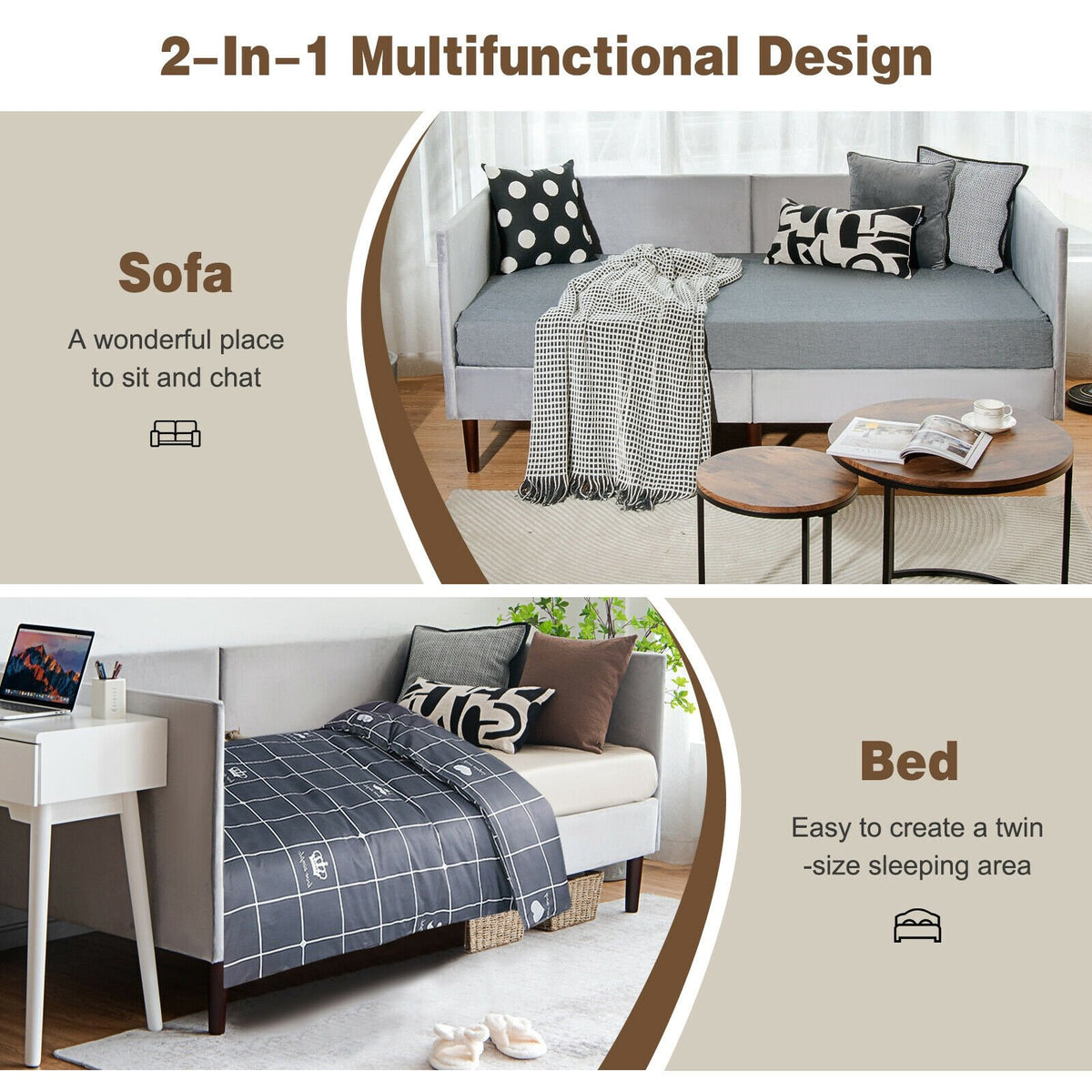 Twin Daybed Heavy Duty Wooden Sofa Bed Frame-Gray view 3