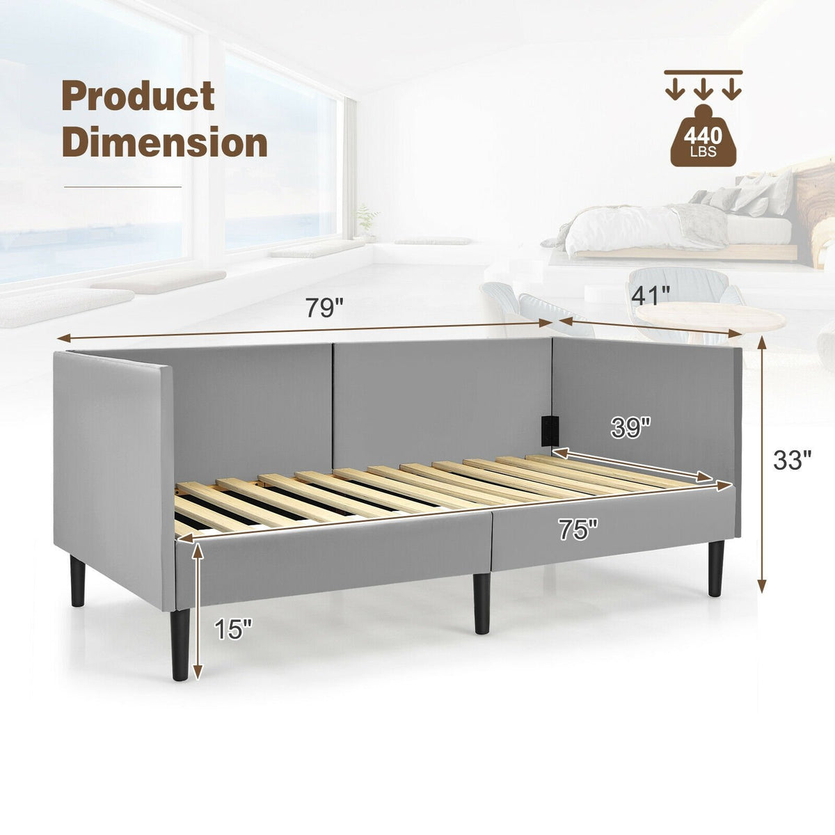 Twin Daybed Heavy Duty Wooden Sofa Bed Frame-Gray view 4