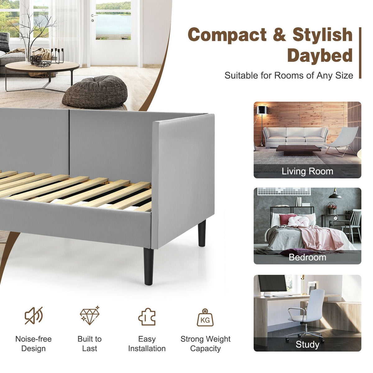 Twin Daybed Heavy Duty Wooden Sofa Bed Frame-Gray view 5