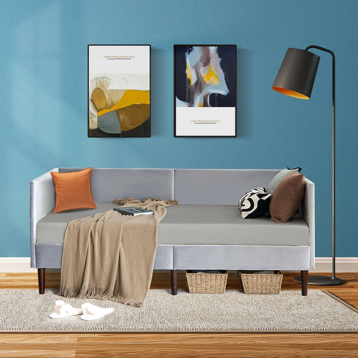 Twin Daybed Heavy Duty Wooden Sofa Bed Frame-Gray view 6