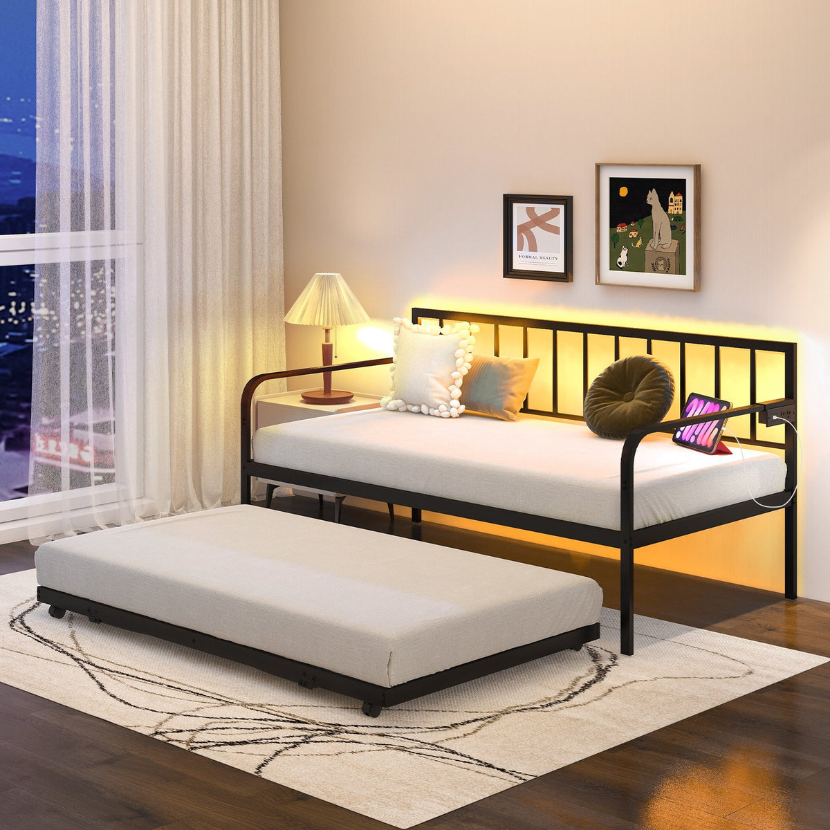 Twin Daybed with Charging Station and LED Lights-Black view 3
