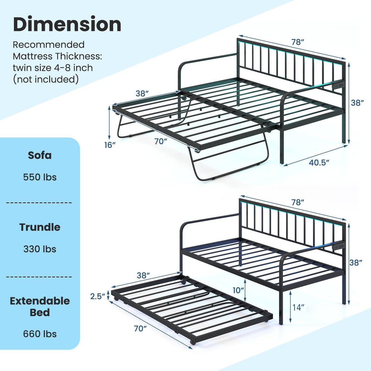 Twin Daybed with Charging Station and LED Lights-Black view 5