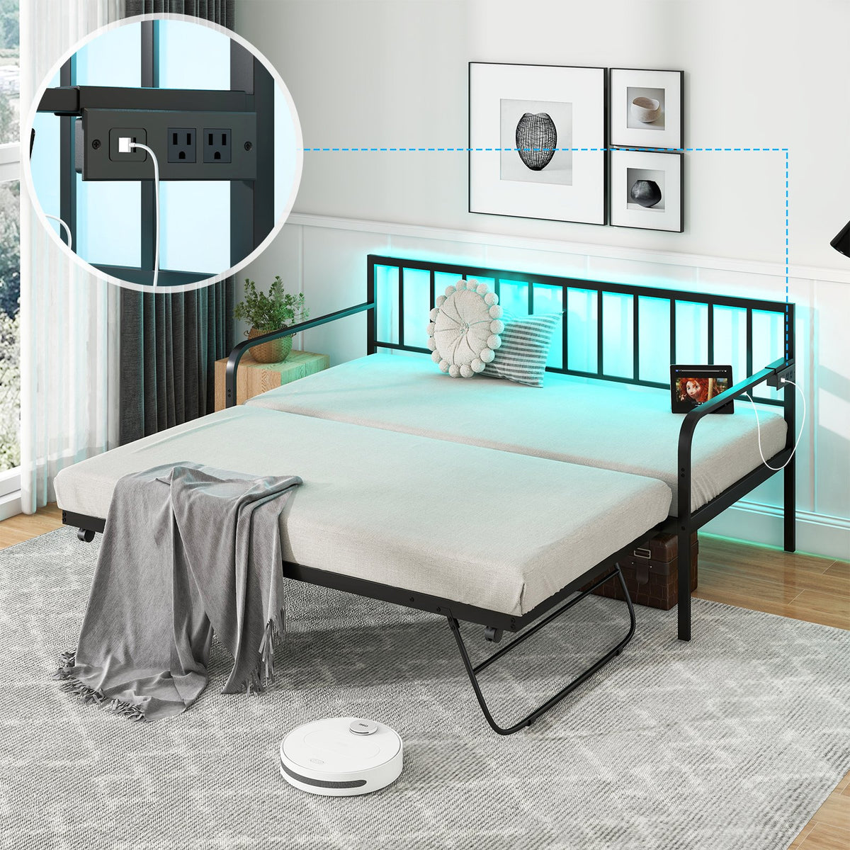 Twin Daybed with Charging Station and LED Lights-Black view 6