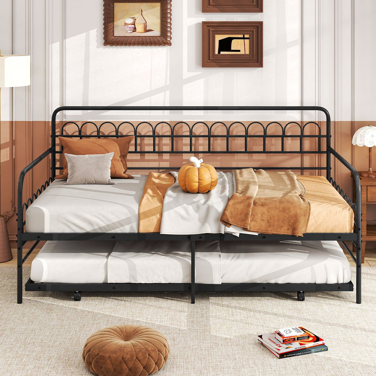 Twin Daybed with Curved Backrest and Armrests-Black view 2