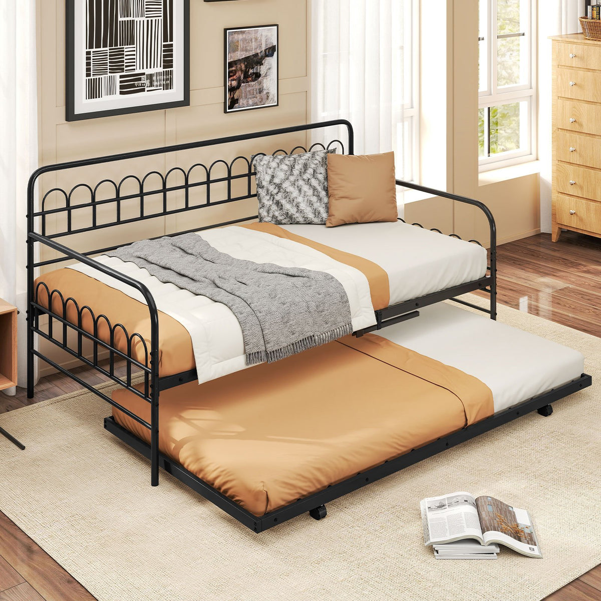 Twin Daybed with Curved Backrest and Armrests-Black view 3