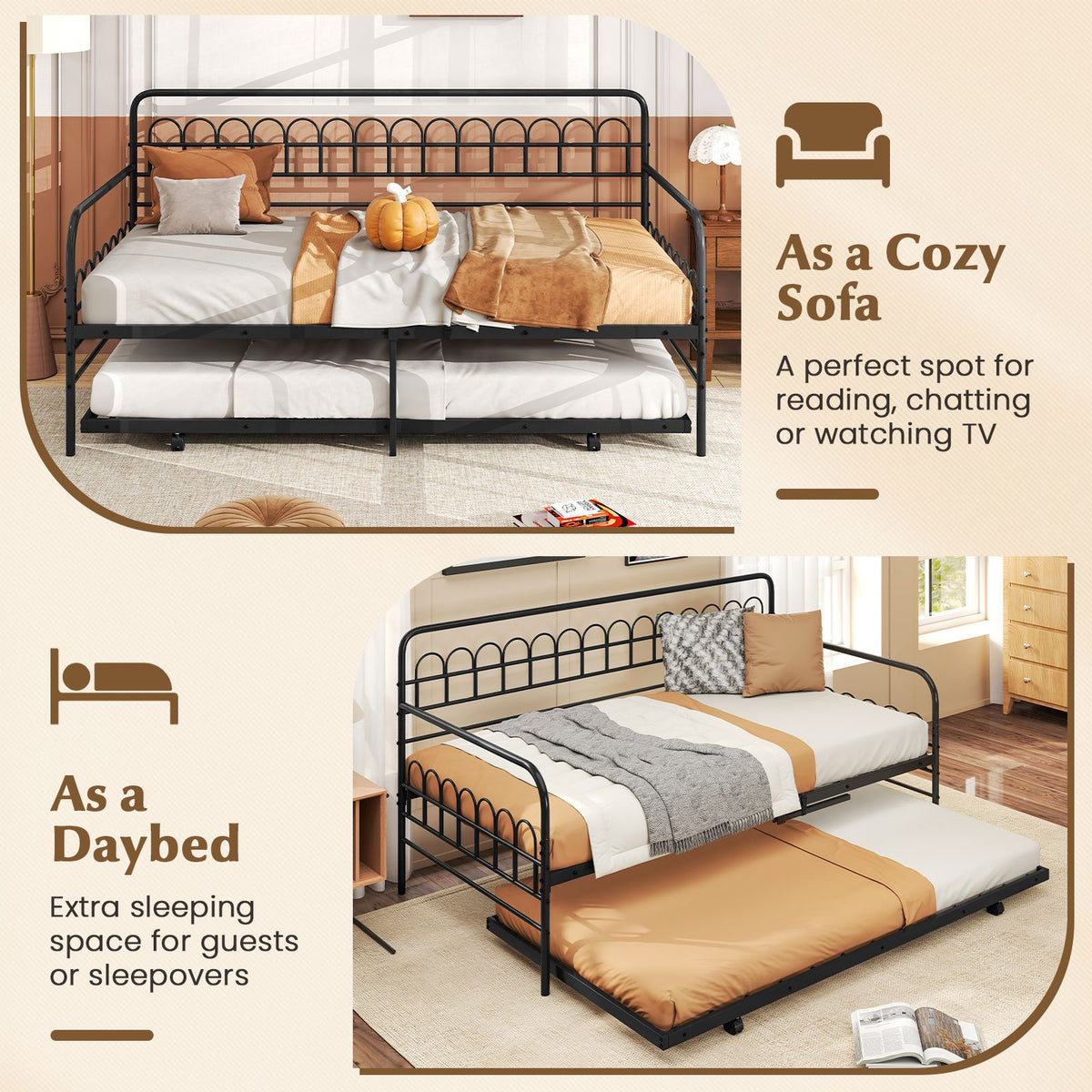 Twin Daybed with Curved Backrest and Armrests-Black view 6
