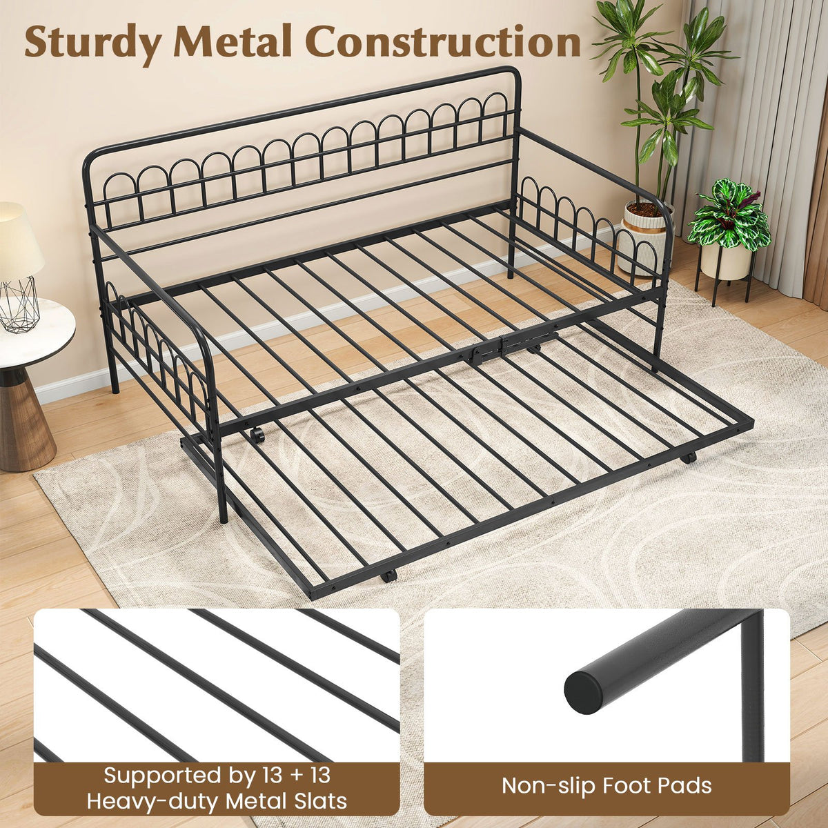Twin Daybed with Curved Backrest and Armrests-Black view 8