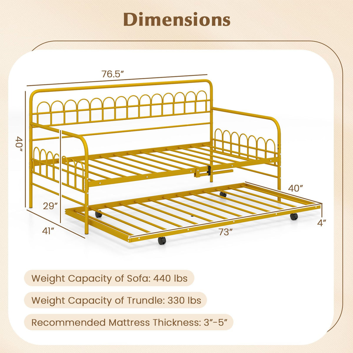 Twin Daybed with Curved Backrest and Armrests-Gold view 5