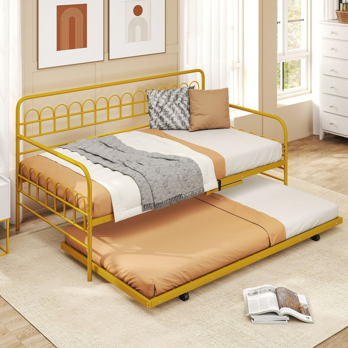 Twin Daybed with Curved Backrest and Armrests-Gold view 6