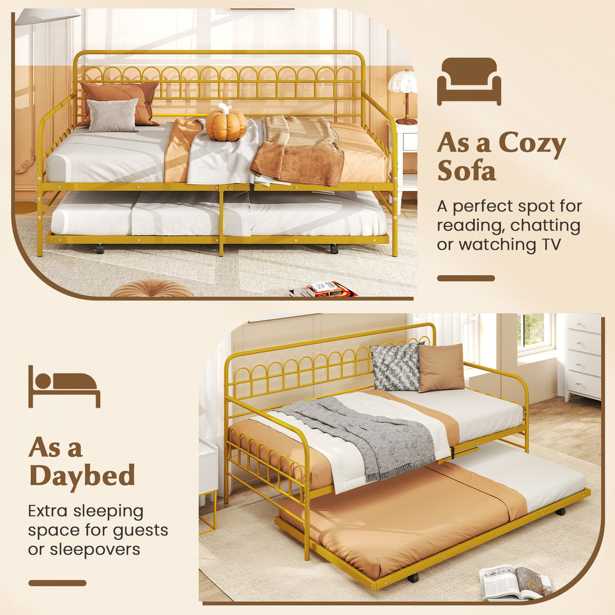 Twin Daybed with Curved Backrest and Armrests-Gold view 9