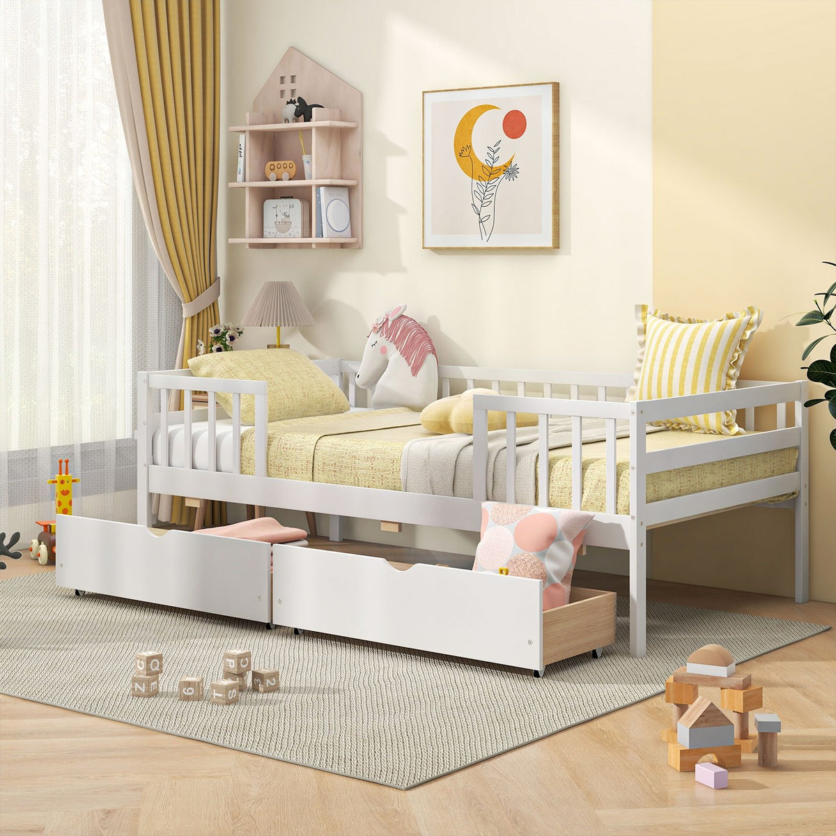 Twin Daybed with Fence and 2 Drawers Kids Bed for Boys & Girls-White view 2