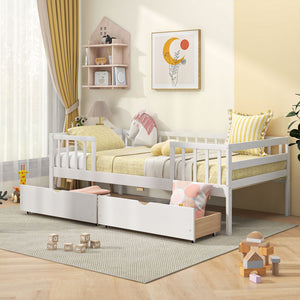 Twin Daybed with Fence and 2 Drawers Kids Bed for Boys & Girls-White view 2
